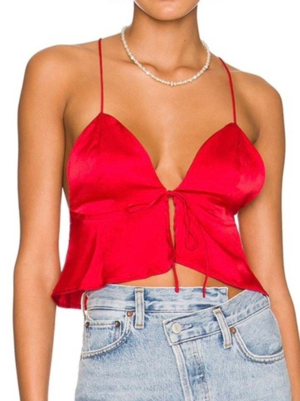 Superdown Isla Satin Tie Front Cropped Tank Top in Red Size Small